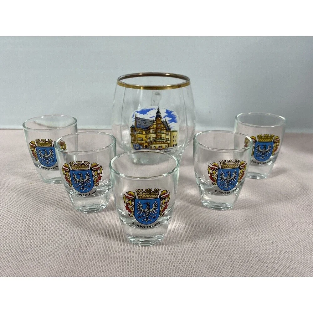 VTG German 5 Shot Glass Set Schweinfurt - Rathaus. Plus 1 Drinking Glass.